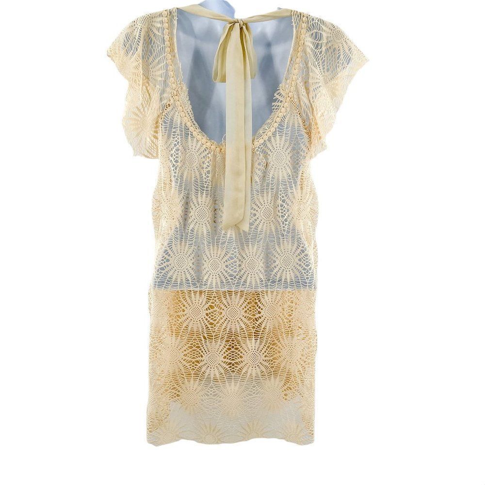 Altar'd State Crochet Open Knit Short Sleeve Tunic Top With Open Back - Picture 4 of 7